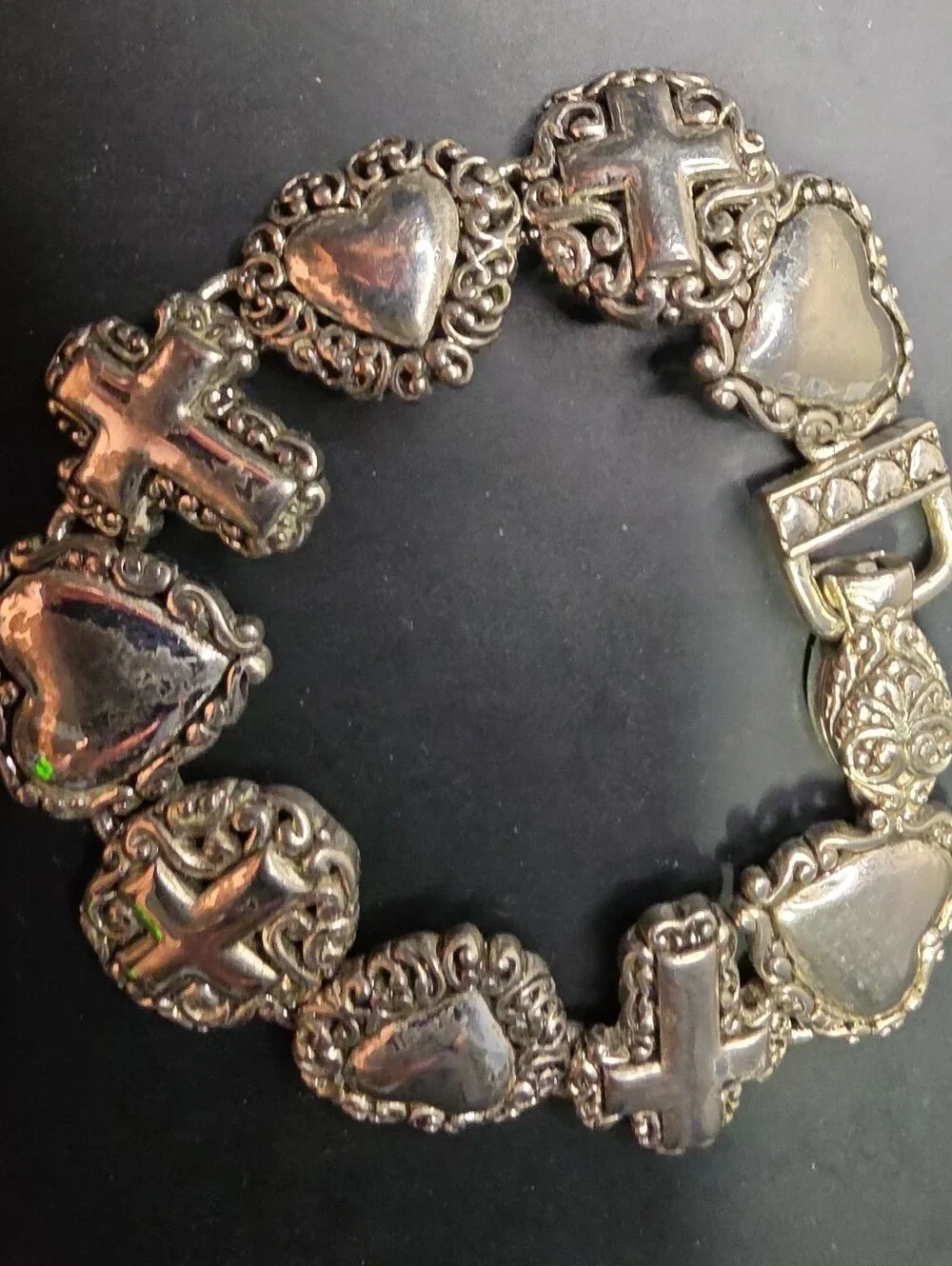 Silver-Tone Heart & Cross Link Bracelet